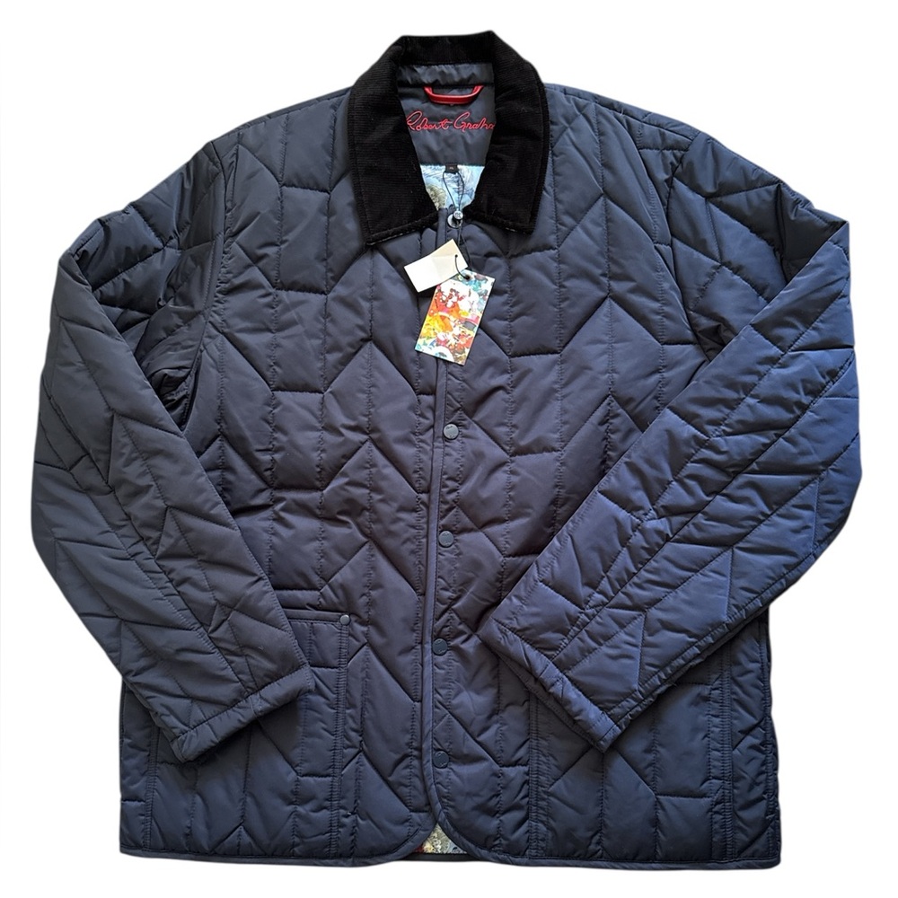 NEW Robert Graham Jacket Mens XL Navy Quilted Barn Coat Floral Lining Snap